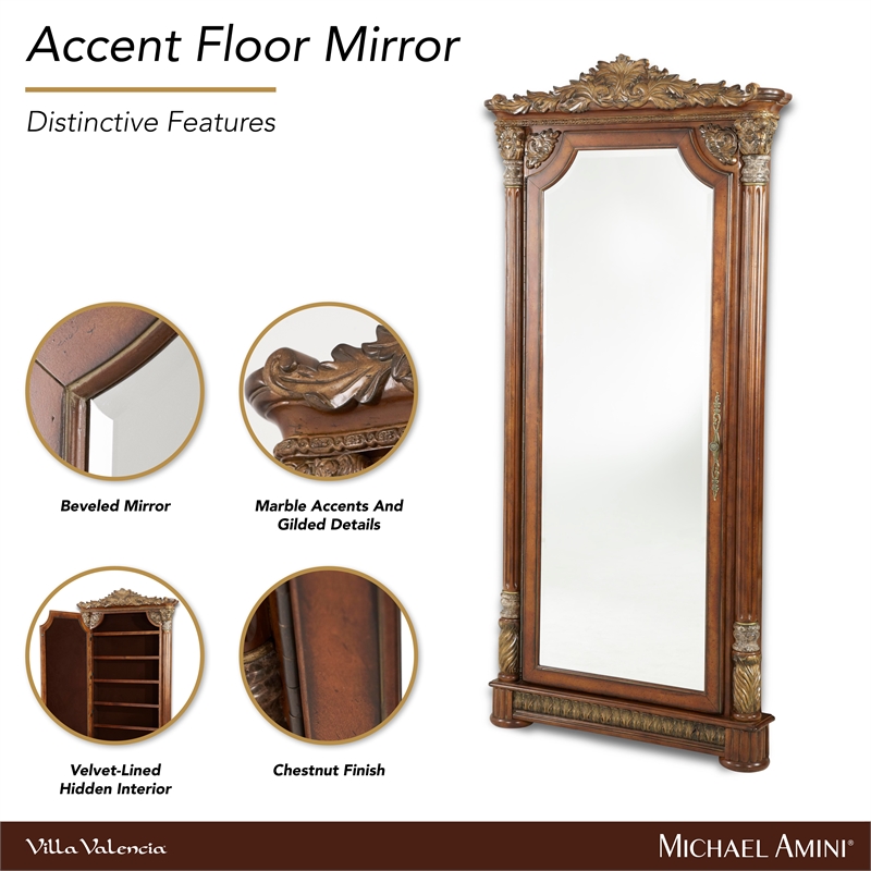 michael amini villa valencia wood floor mirror with storage - classic chestnut