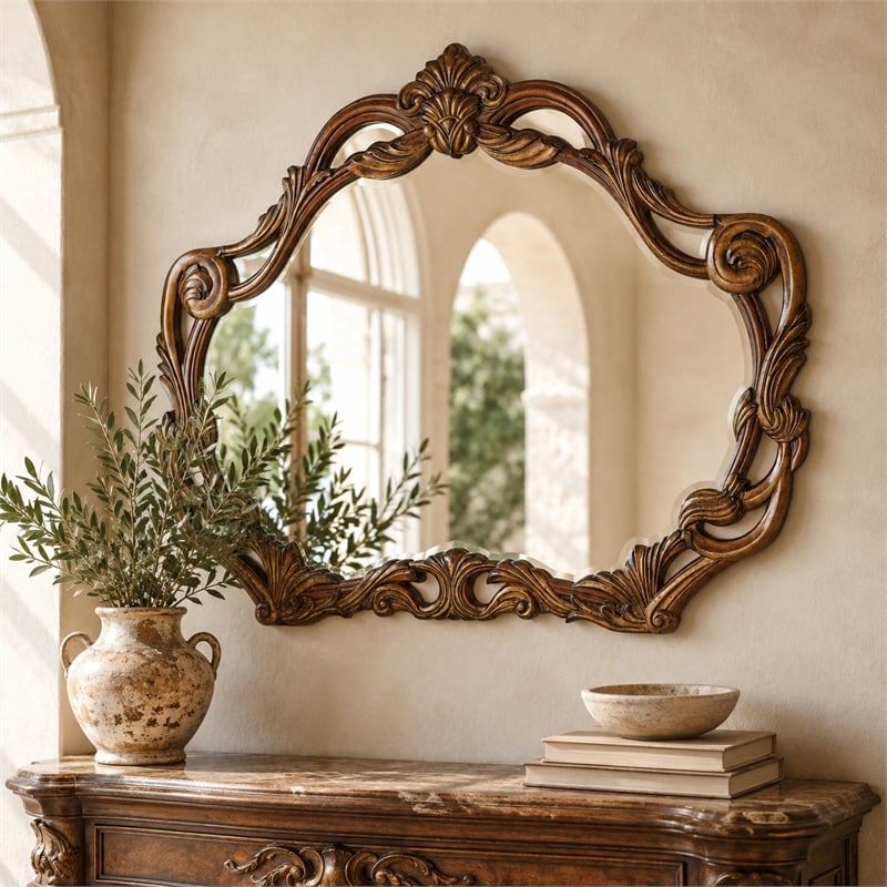 Michael Amini Villa Valencia Wood Wall Accent Mirror - Classic Chestnut