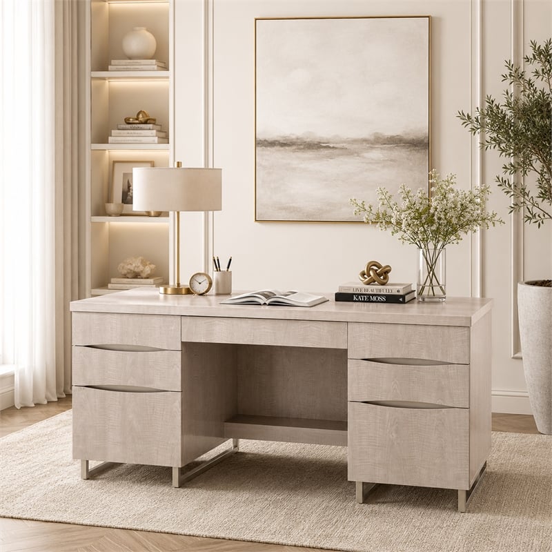 michael amini marin 70&quotw 7-drawer stainless steel & mdf desk in greige beige