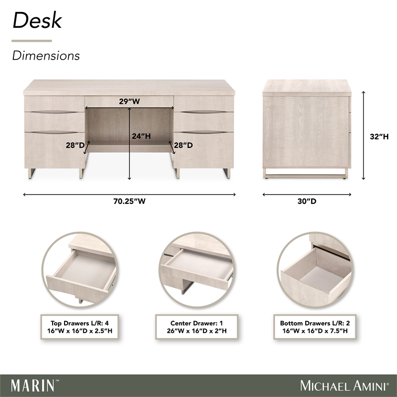michael amini marin 70&quotw 7-drawer stainless steel & mdf desk in greige beige