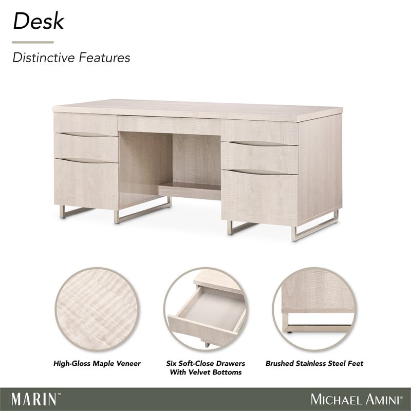 michael amini marin 70&quotw 7-drawer stainless steel & mdf desk in greige beige