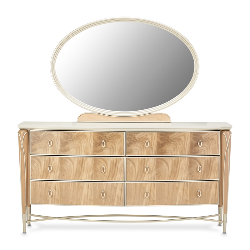 MICHAEL AMINI Villa Cherie 6-Drawers Bedroom Dresser with Mirror in Caramel