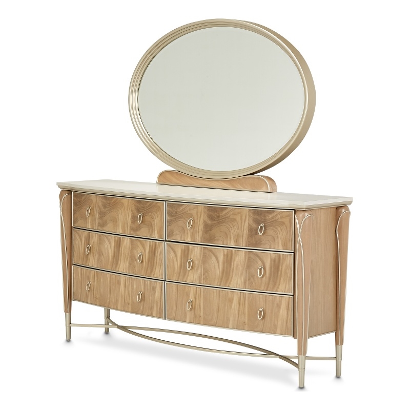 MICHAEL AMINI Villa Cherie 6-Drawers Bedroom Dresser with Mirror in Caramel