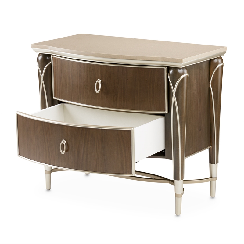 Michael Amini Villa Cherie Wood & Marble Nightstand in Hazelnut Brown