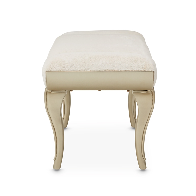 Michael Amini Villa Cherie Faux Fur Fabric Bed Bench in Pearl Ivory/Chardonnay