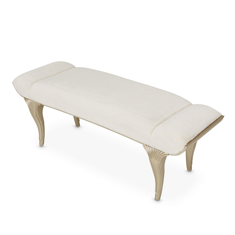 Michael Amini Villa Cherie Faux Fur Fabric Bed Bench in Pearl Ivory/Chardonnay