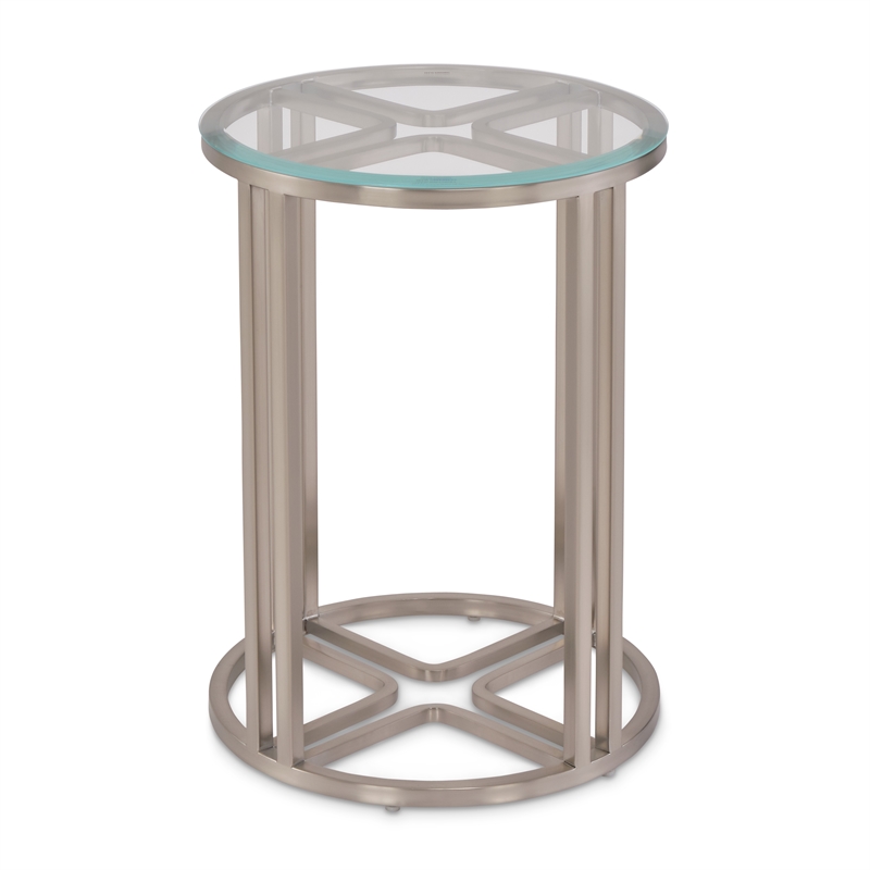 Michael Amini Lanterna Stainless Steel & Glass Chairside Table in Silver Mist