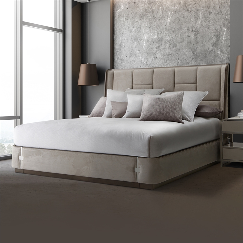 Michael Amini Roxbury Park Queen Multi-Panel Velvet Bed in Slate Ash