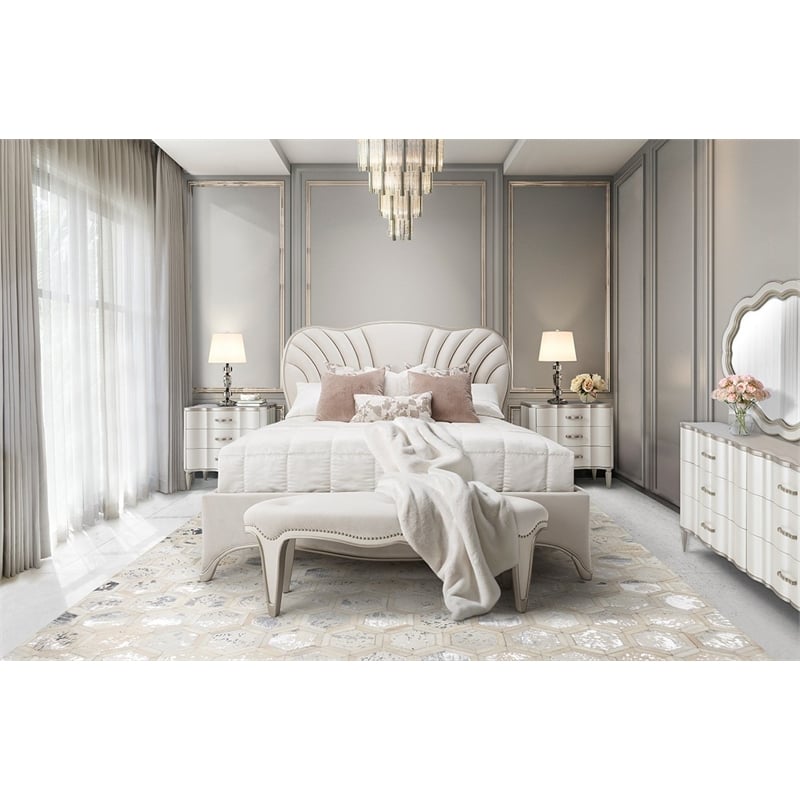 Michael Amini London Place Cal. King Velvet Panel Bed - Creamy Pearl