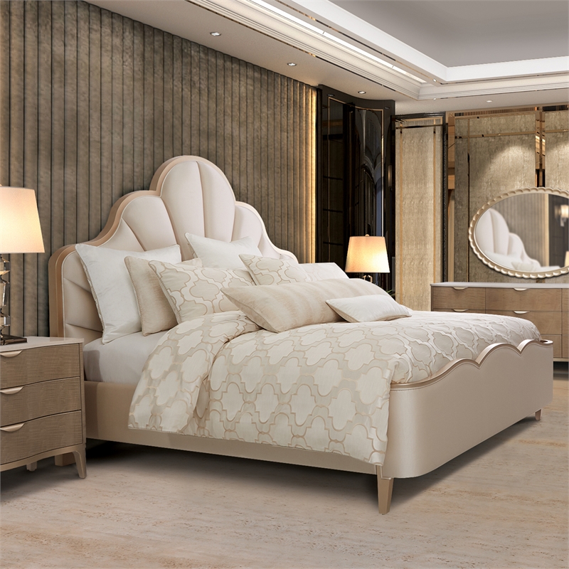 Michael Amini Malibu Crest Queen Scalloped Panel Bed - Porcelain/Chardonnay