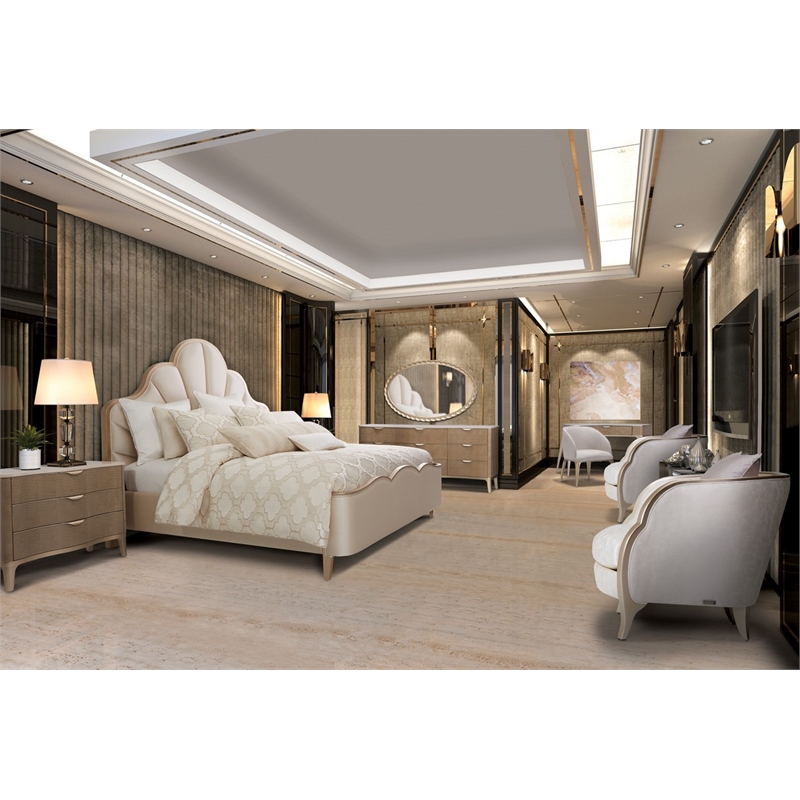Michael Amini Malibu Crest Queen Scalloped Panel Bed - Porcelain/Chardonnay