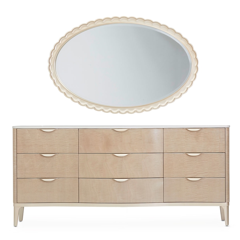Michael Amini Malibu Crest Wood & Marble Dresser with Mirror - Blush