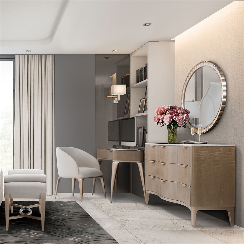 Michael Amini Malibu Crest Wood & Marble Dresser with Mirror - Blush