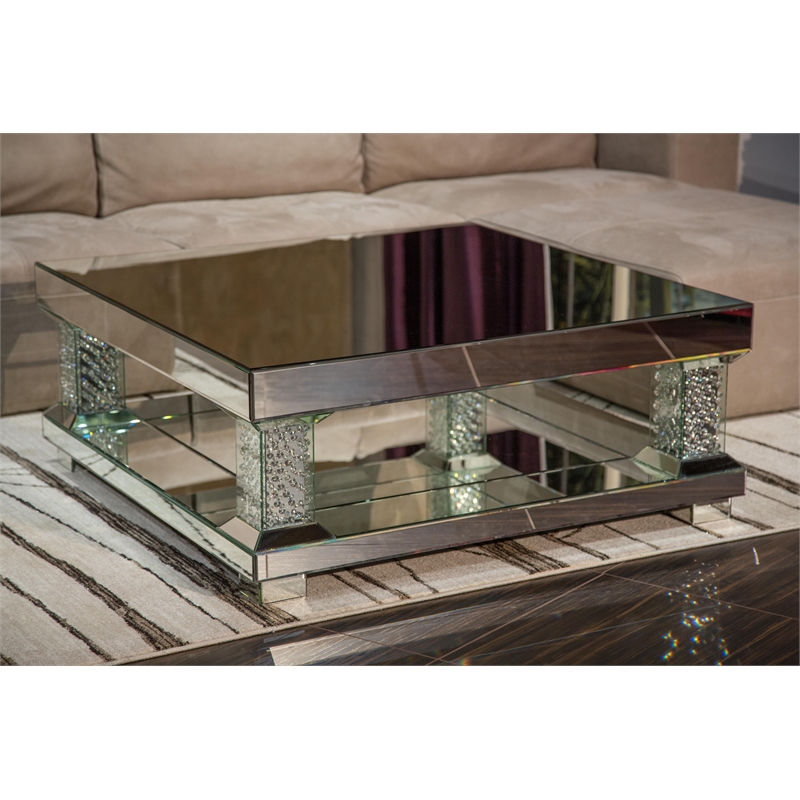 Michael Amini Montreal Mirrored Square Cocktail Table With Crystal Accents