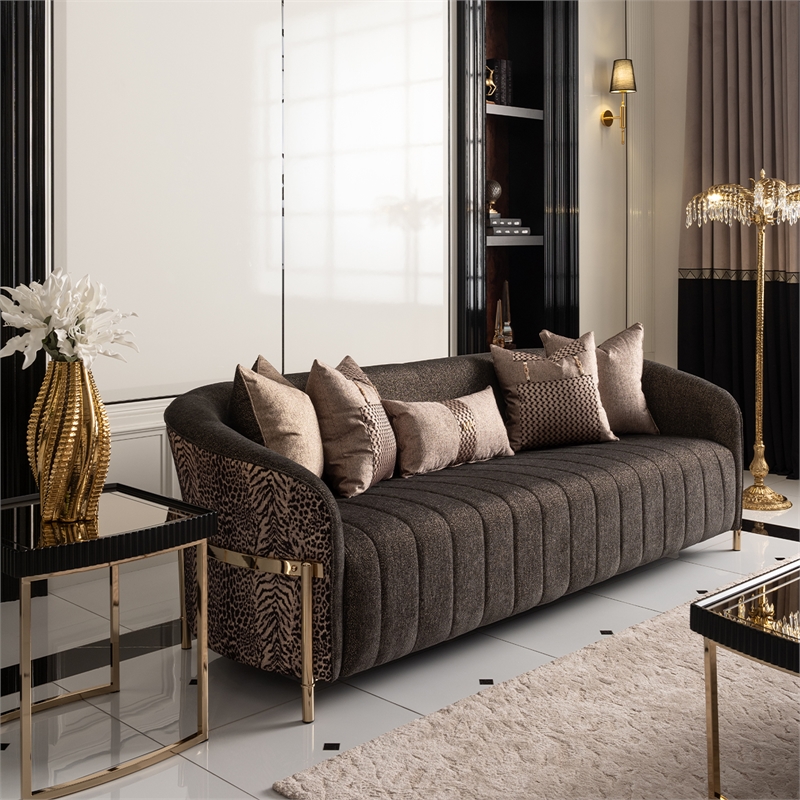 MICHAEL AMINI Lisbon Upholstered Chenille & Metal Sofa in Onyx and Gold