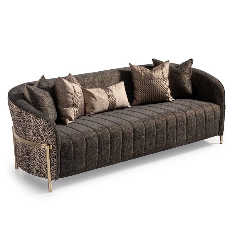 MICHAEL AMINI Lisbon Upholstered Chenille & Metal Sofa in Onyx and Gold