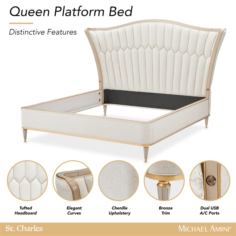 St. Charles Queen Chenille Wingback Bed - Dove Gray