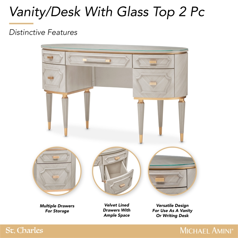 St. Charles Vanity Desk with Glass Top - Dove Gray