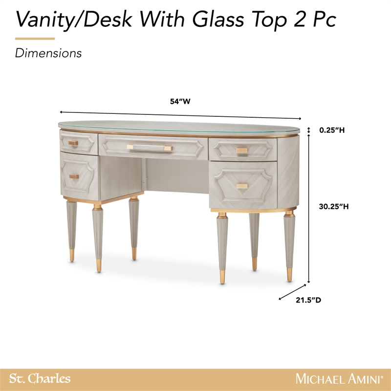 St. Charles Vanity Desk with Glass Top - Dove Gray