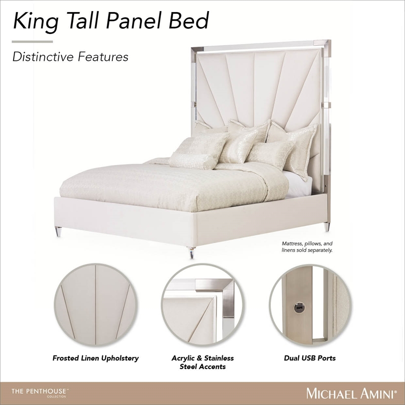 Penthouse Eastern King Modern Tall Panel Bed - Frosted Linen