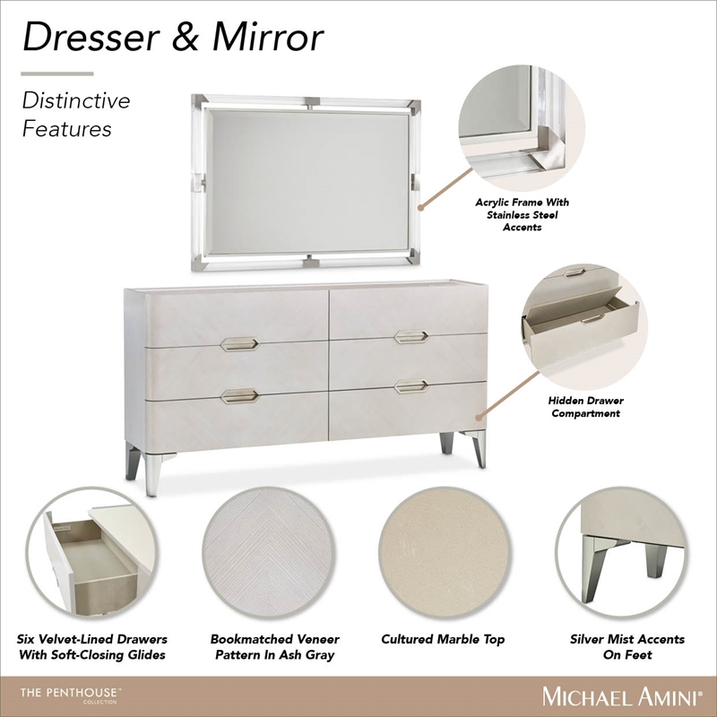 penthouse modern 6-drawer dresser with mirror - ash gray