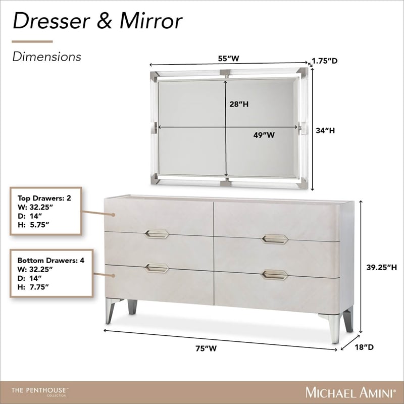 penthouse modern 6-drawer dresser with mirror - ash gray