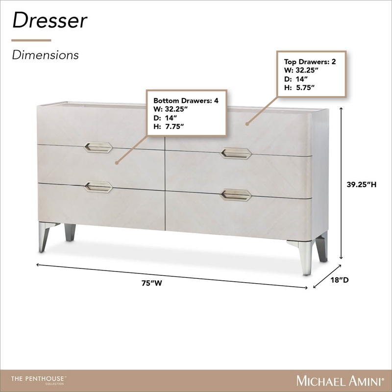 Penthouse Modern 6-Drawer Dresser - Ash Gray