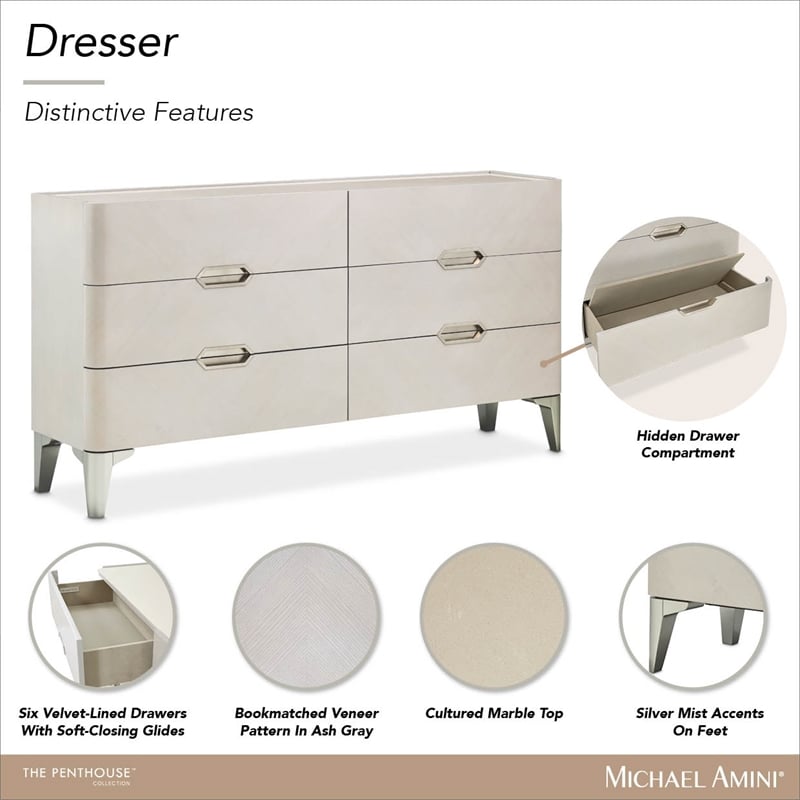 Penthouse Modern 6-Drawer Dresser - Ash Gray