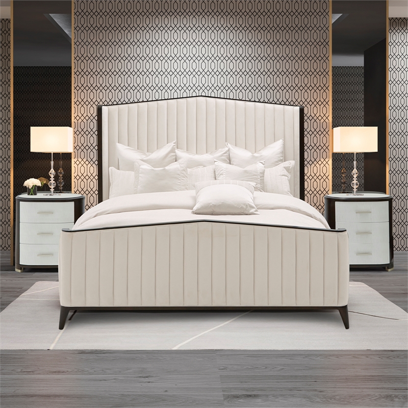 Paris Chic Cal. King Channel Tufted Velvet Bed - Ivory/Espresso