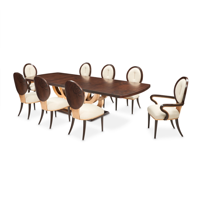 Michael Amini Camellia Field Rectangular Pedestal Dining Table in Warm Pecan