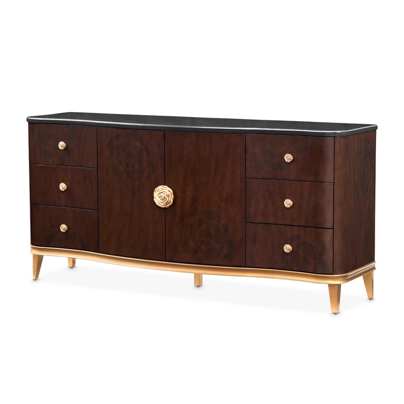 Michael Amini Camellia Field 6-Drawers 2-Shelves Dresser in Warm Pecan