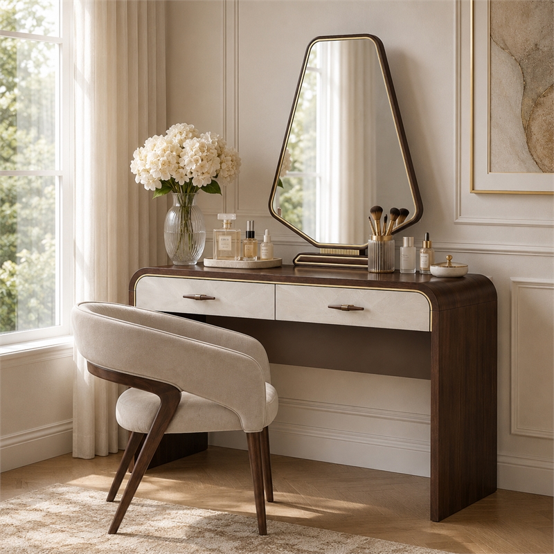Houston Vanity with Mirror & Chair - Walnut