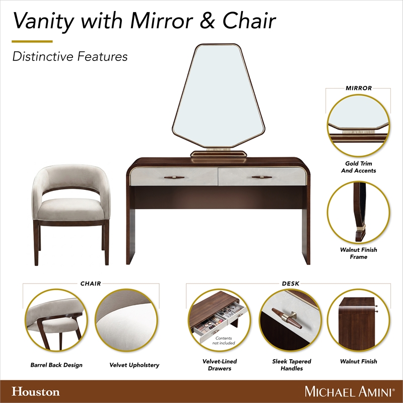 Houston Vanity with Mirror & Chair - Walnut