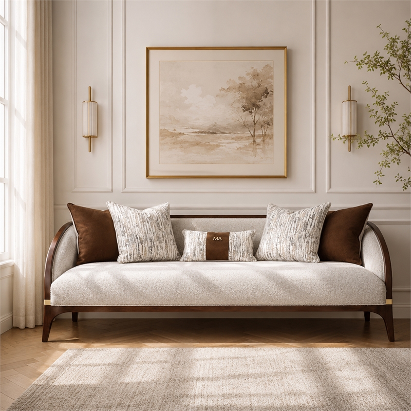 Houston Boucle Sofa - Pebble/Walnut