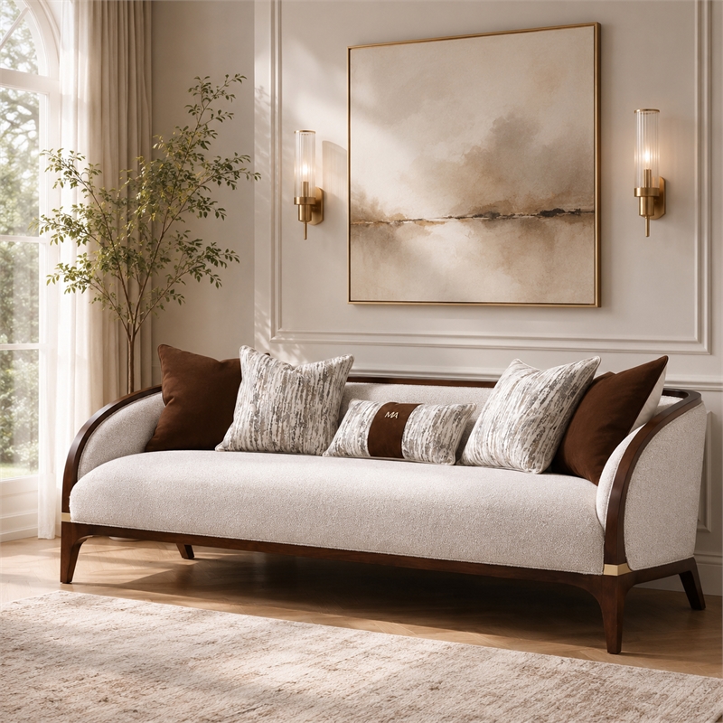 Houston Boucle Sofa - Pebble/Walnut