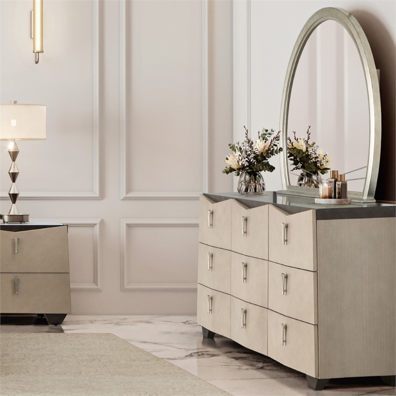 Fantosini Dresser with Round Mirror - Silver Mist