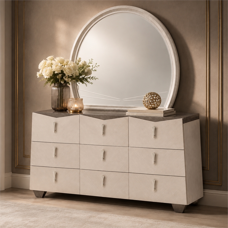 Fantosini Dresser with Round Mirror - Silver Mist
