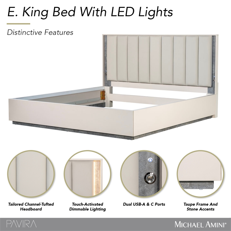 Pavira Eastern King Bed with LED Lights - Stone