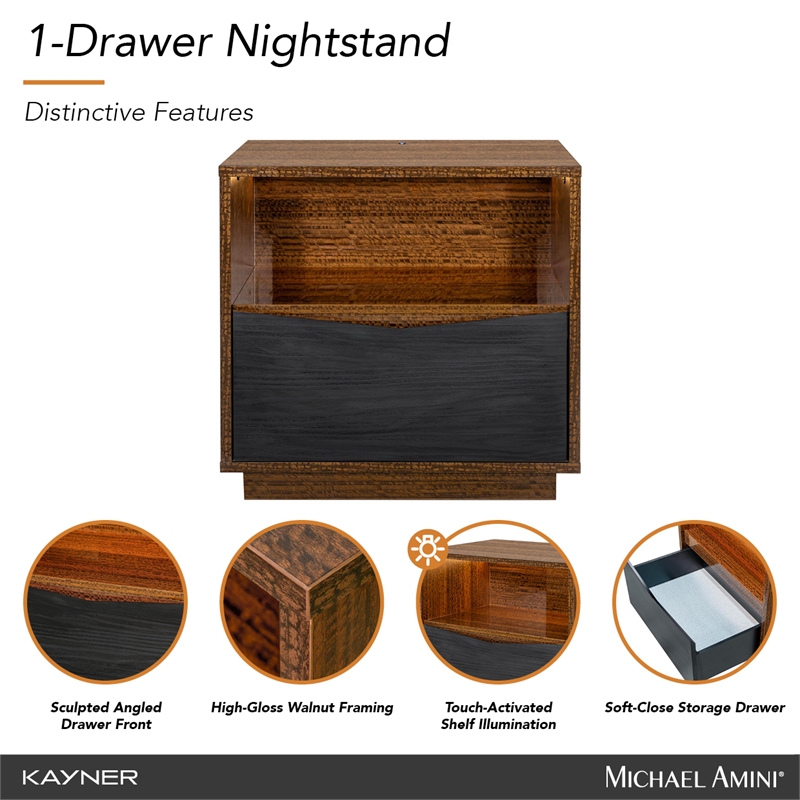 Kayner 1-Drawer Nightstand with LED Lights - Charcoal