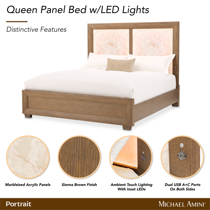 Portrait Queen Panel Bed with LED Lights - Sienna Brown