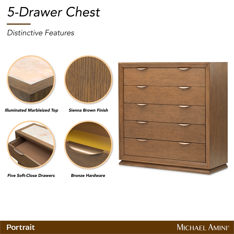 Portrait 5-Drawer Chest with LED Lights - Sienna Brown