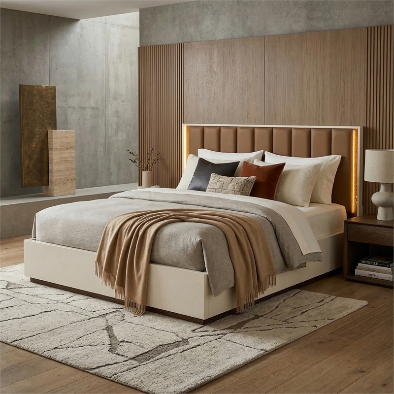 Pavira Eastern King Bed with LED Lights - Walnut