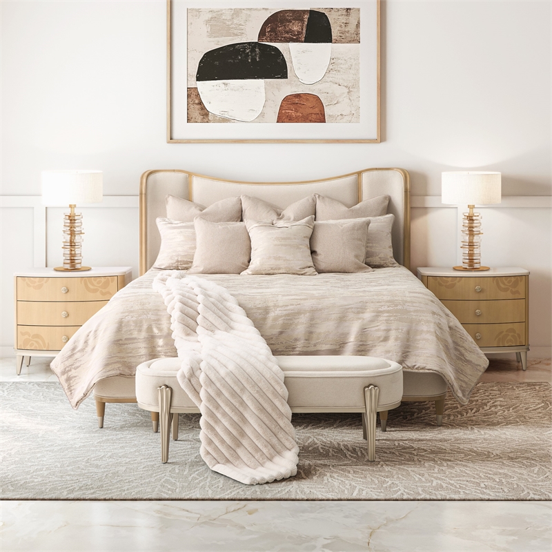 Camellia Field King Size Curved Chenille Bed - Cornsilk/Caramel