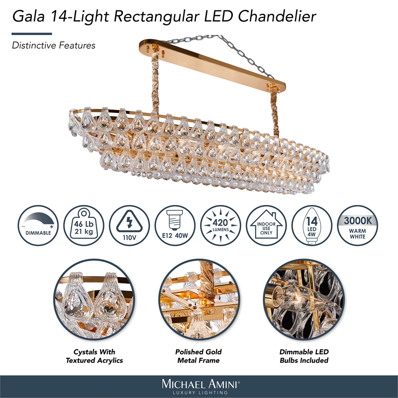 Gala 14-Light Rectangular LED Chandelier - Gold