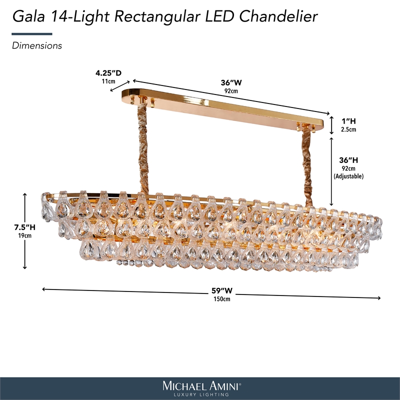 Gala 14-Light Rectangular LED Chandelier - Gold
