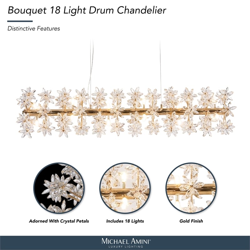 Bouquet 18-Light Rectangular Crystal Chandelier - Gold