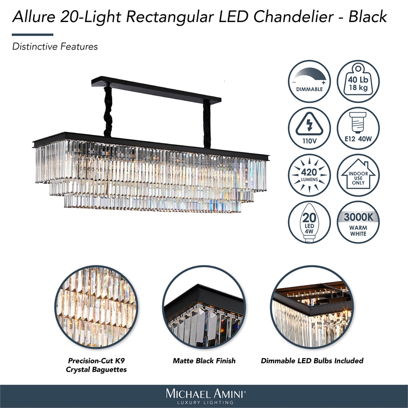 Allure 20-Light Rectangular Crystal Chandelier - Matte Black