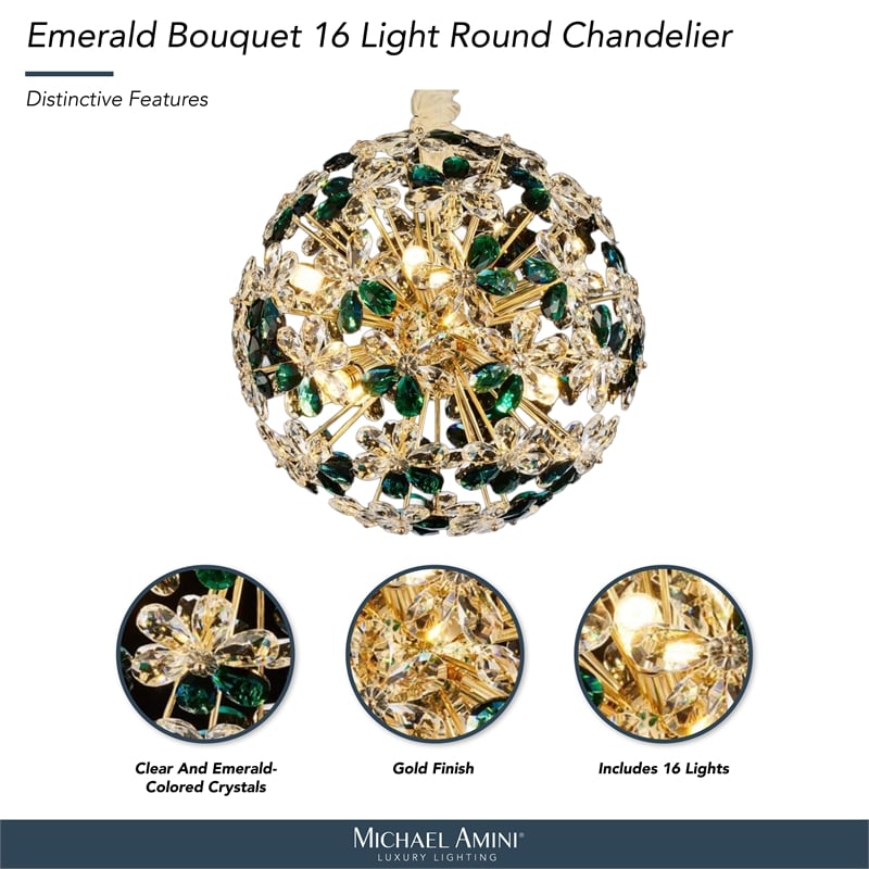 Emerald Bouquet 16-Light Round Crystal Chandelier - Gold