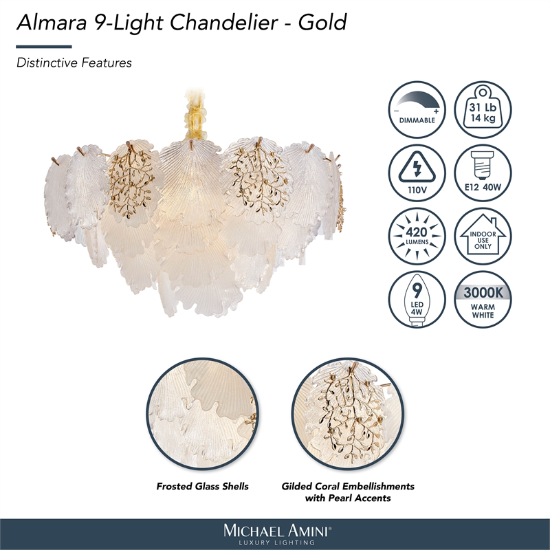 Almara 9-Light Frosted Glass Chandelier - Frost/Gold