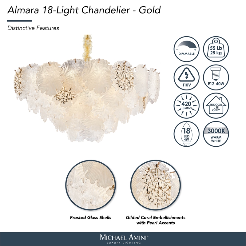 Almara 18-Light Frosted Glass Chandelier - Frost/Gold